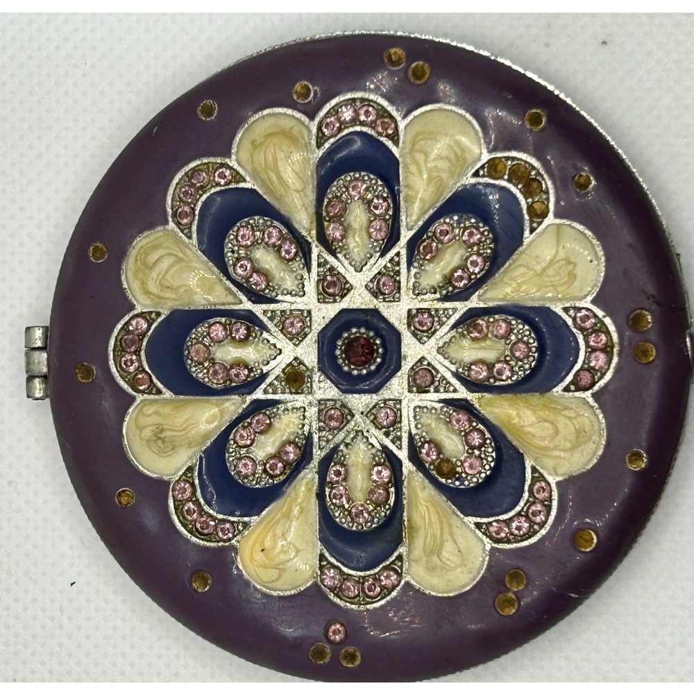SICURA Italian Designs Round Compact Mirror Purple‎ Enamel Rhinestone Flower